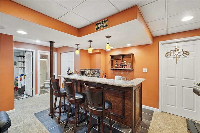 923 Arberdeen Dr, Hempfield Twp Wml, PA 15601 - indoor wet bar featuring baseboards, recessed lighting, pendant lighting, a drop ceiling, and dark carpet