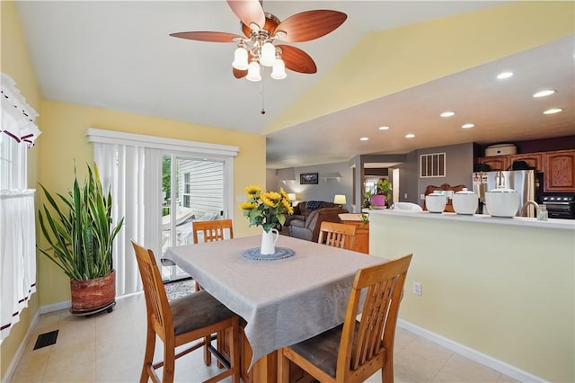 923 Arberdeen Dr, Hempfield Twp Wml, PA 15601 - dining area featuring vaulted ceiling, recessed lighting, baseboards, ceiling fan, and light tile patterned floors