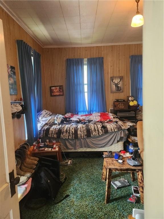 595 N Richhill St, Waynsbrg/Frankln Twp, PA 15370 - bedroom featuring ornamental molding, wooden walls, and carpet