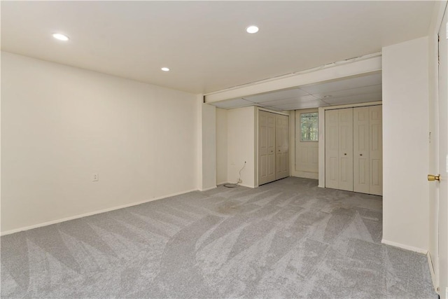 2603 19th St Unit E, Patterson Twp, PA 15010 - unfurnished bedroom with light carpet, two closets, recessed lighting, and baseboards