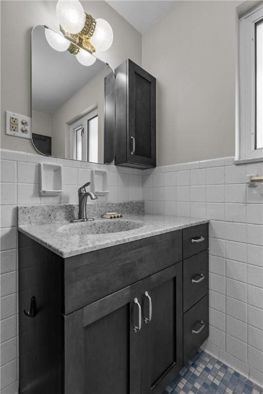 157 Kings Dale Rd, Churchill Boro, PA 15221 - bathroom with tile walls, vanity, tile patterned floors, and wainscoting