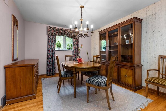 157 Kings Dale Rd, Churchill Boro, PA 15221 - dining space featuring light wood-style floors, a chandelier, baseboards, and wallpapered walls