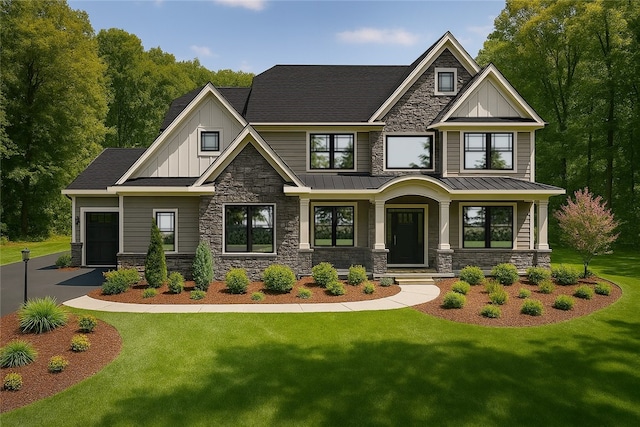 9660 Goehring Rd, Cranberry Twp, PA 16066 - craftsman-style home featuring stone siding, board and batten siding, a standing seam roof, a front yard, and a garage