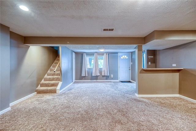 111 York Way, Center Twp Bea, PA 15061 - basement featuring carpet, baseboards, a textured ceiling, and stairway