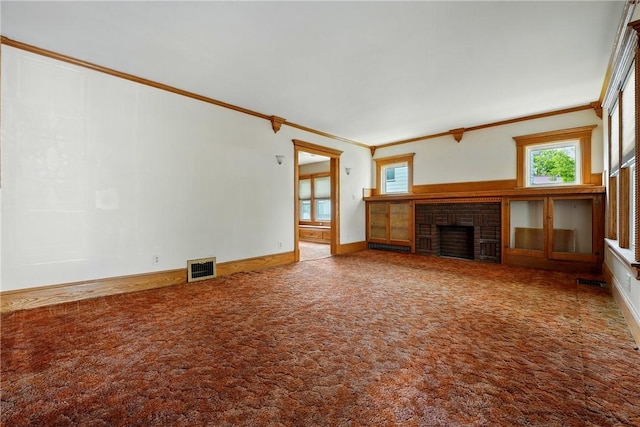 139 Wengler Ave, Sharon, PA 16146 - unfurnished living room featuring ornamental molding, a brick fireplace, carpet flooring, and baseboards
