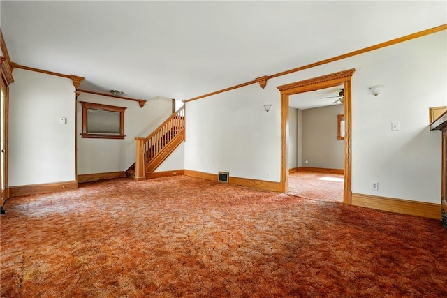 139 Wengler Ave, Sharon, PA 16146 - unfurnished living room featuring carpet, stairway, baseboards, and ornamental molding