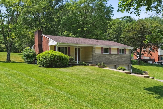 652 Westland Dr, Richland, PA 15044 - ranch-style home featuring a garage, stone siding, a front lawn, and a chimney