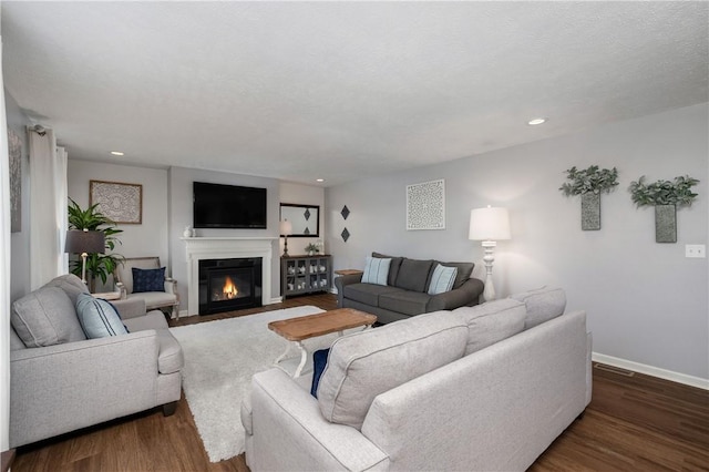 132 Naughton Cir, Forward Twp But, PA 16033 - living room featuring a glass covered fireplace, dark wood-type flooring, recessed lighting, and baseboards