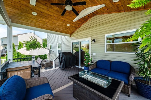 132 Naughton Cir, Forward Twp But, PA 16033 - wooden deck with an outdoor living space with a fire pit, ceiling fan, and grilling area