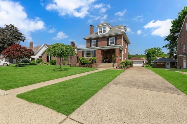 1201 Carlisle St, Natrona Hts/Harrison Twp, PA 15065 - view of front of property featuring brick siding, a front lawn, a garage, a porch, and a chimney