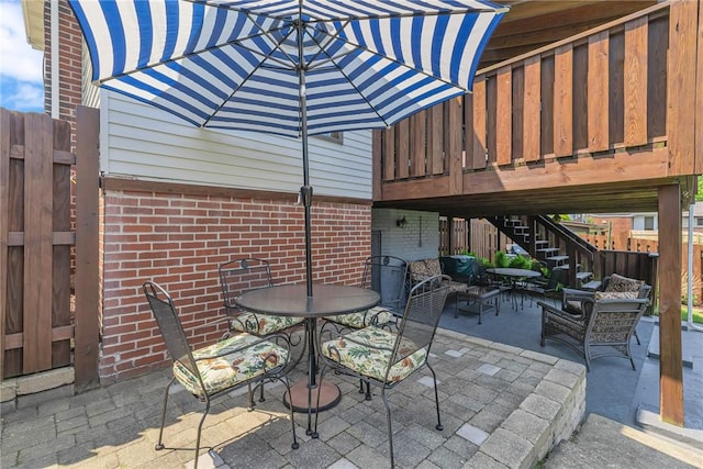 1201 Carlisle St, Natrona Hts/Harrison Twp, PA 15065 - view of patio featuring stairway, outdoor lounge area, outdoor dining space, and a deck