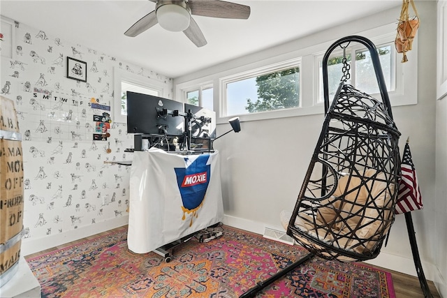 118 Eakin Ave, Ross Twp, PA 15214 - interior space with ceiling fan, baseboards, wallpapered walls, and wood finished floors