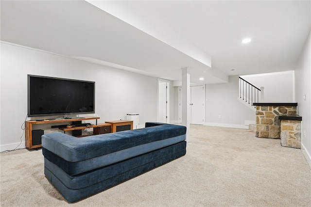 118 Eakin Ave, Ross Twp, PA 15214 - living room with carpet flooring, baseboards, stairway, and recessed lighting