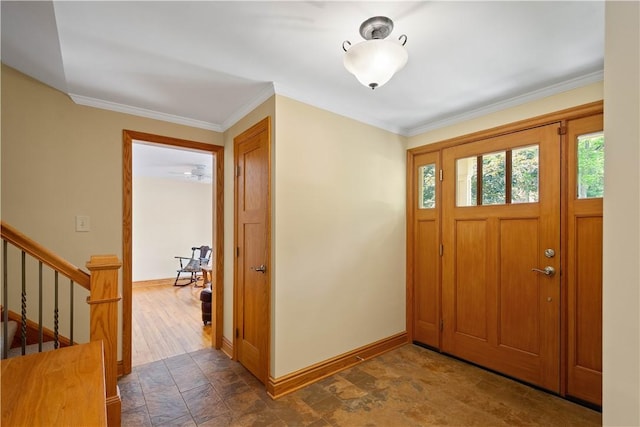 511 Clubview Dr, Peters Twp, PA 15317 - foyer entrance featuring baseboards, stone finish flooring, crown molding, and stairway