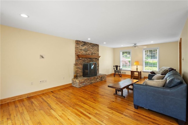 511 Clubview Dr, Peters Twp, PA 15317 - living room featuring a brick fireplace, light wood-style flooring, recessed lighting, baseboards, and ceiling fan