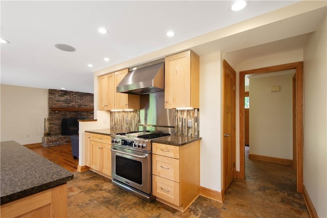 511 Clubview Dr, Peters Twp, PA 15317 - kitchen with wall chimney range hood, stainless steel stove, light brown cabinets, baseboards, and recessed lighting