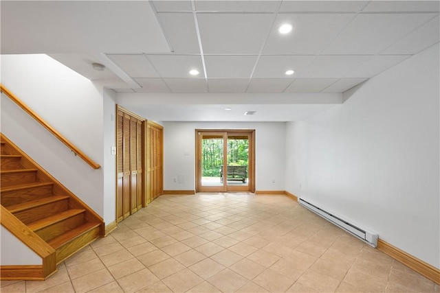 511 Clubview Dr, Peters Twp, PA 15317 - empty room with baseboard heating, recessed lighting, stairs, light tile patterned flooring, and baseboards