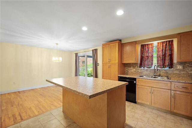 1064 Glen Oak Dr, Bethel Park, PA 15102 - kitchen with black dishwasher, a kitchen island, tasteful backsplash, a chandelier, and recessed lighting
