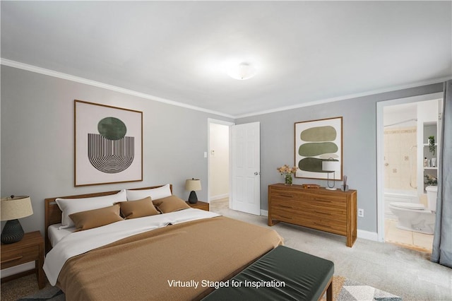 1064 Glen Oak Dr, Bethel Park, PA 15102 - bedroom with ornamental molding, light colored carpet, baseboards, and ensuite bath