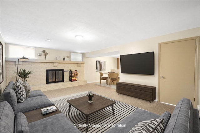 1064 Glen Oak Dr, Bethel Park, PA 15102 - living room featuring carpet flooring and a brick fireplace