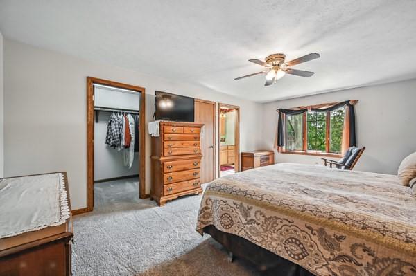 260 S Oakdale Ave, Hermitage, PA 16148 - bedroom with carpet flooring, a spacious closet, ensuite bath, a ceiling fan, and baseboards