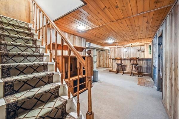 260 S Oakdale Ave, Hermitage, PA 16148 - finished below grade area with stairway, a bar, wood ceiling, carpet, and wooden walls
