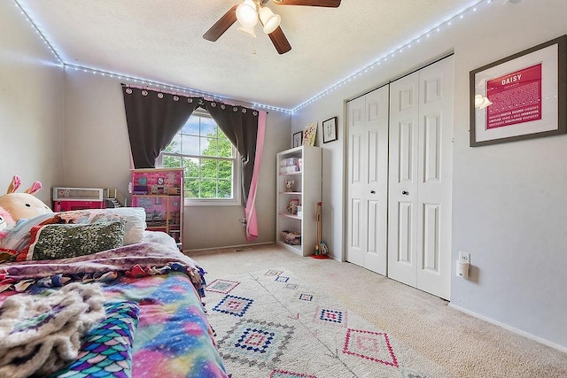504 Diablo Dr, Bethel Park, PA 15102 - bedroom with carpet flooring, a textured ceiling, a closet, ceiling fan, and baseboards