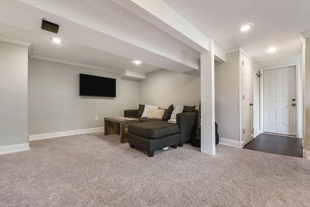 504 Diablo Dr, Bethel Park, PA 15102 - living area featuring dark carpet, crown molding, baseboards, and recessed lighting