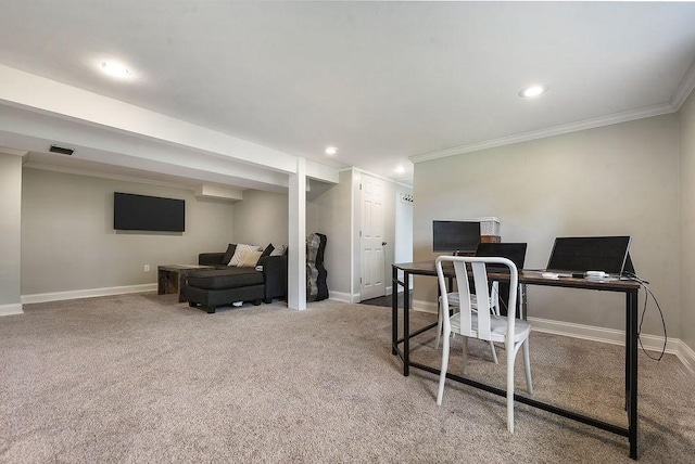504 Diablo Dr, Bethel Park, PA 15102 - carpeted home office with ornamental molding, baseboards, and recessed lighting