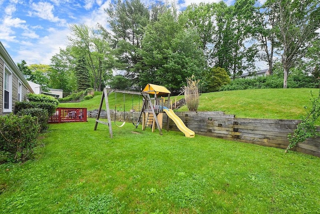 504 Diablo Dr, Bethel Park, PA 15102 - view of grassy yard featuring a playground and a wooden deck