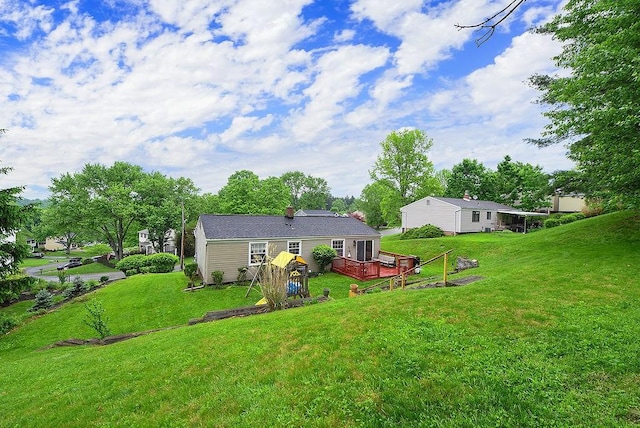 504 Diablo Dr, Bethel Park, PA 15102 - back of house with a deck, a lawn, and a chimney
