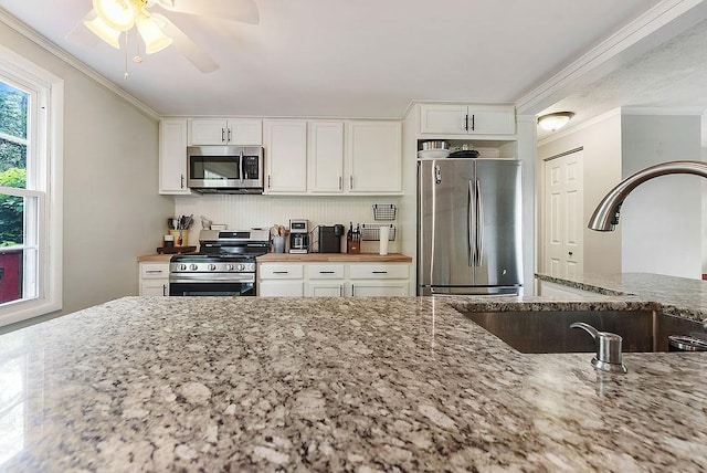 504 Diablo Dr, Bethel Park, PA 15102 - kitchen with appliances with stainless steel finishes, crown molding, a sink, ceiling fan, and light stone counters