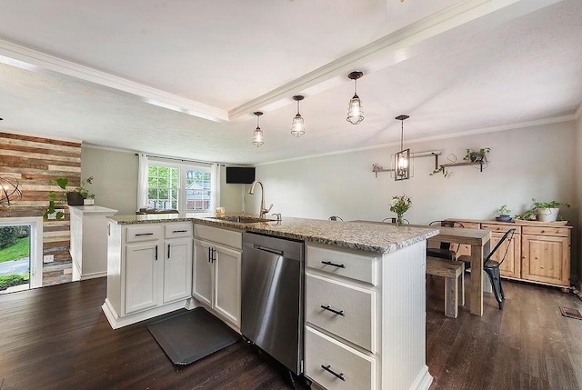 504 Diablo Dr, Bethel Park, PA 15102 - kitchen featuring stainless steel dishwasher, a sink, dark wood finished floors, light stone counters, and crown molding