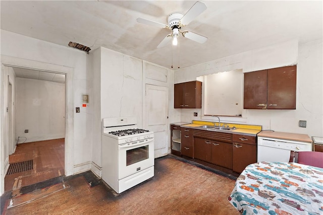 104 W Rd, Shaler, PA 15209 - kitchen with white appliances, a sink, a ceiling fan, dark brown cabinets, and light countertops