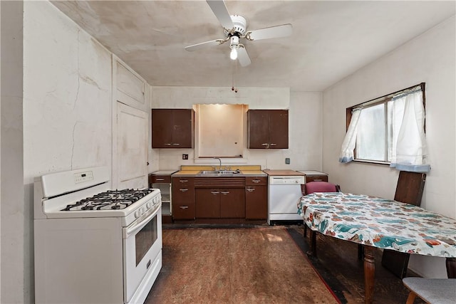 104 W Rd, Shaler, PA 15209 - kitchen featuring white appliances, a sink, ceiling fan, dark brown cabinets, and light countertops