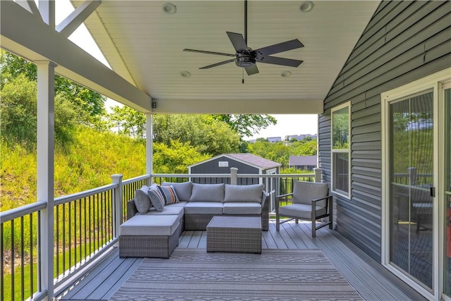 121 Derby Ln, North Fayette, PA 15071 - deck featuring an outdoor hangout area and ceiling fan