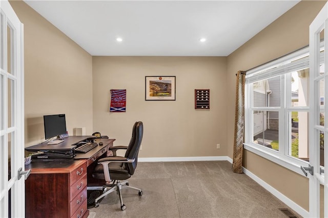 121 Derby Ln, North Fayette, PA 15071 - office space featuring light colored carpet, baseboards, french doors, and recessed lighting
