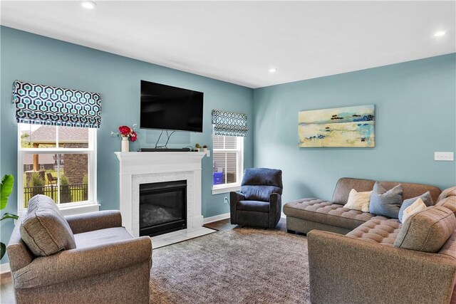 121 Derby Ln, North Fayette, PA 15071 - living room featuring recessed lighting, a premium fireplace, and baseboards