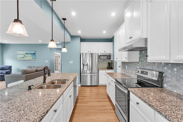 121 Derby Ln, North Fayette, PA 15071 - kitchen featuring appliances with stainless steel finishes, under cabinet range hood, a sink, open floor plan, and light wood-type flooring