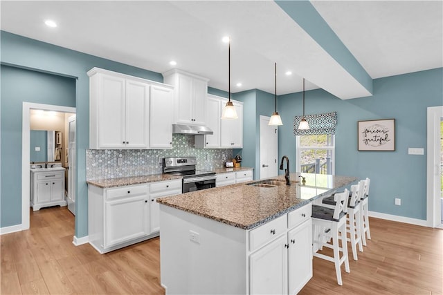 121 Derby Ln, North Fayette, PA 15071 - kitchen with stainless steel electric range oven, under cabinet range hood, a sink, a kitchen breakfast bar, and light wood finished floors