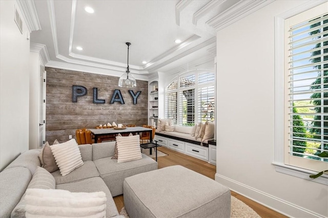 506 Ridge Ct, Pine Twp Nal, PA 15090 - living room featuring light wood-style floors, healthy amount of natural light, wood walls, recessed lighting, and ornamental molding