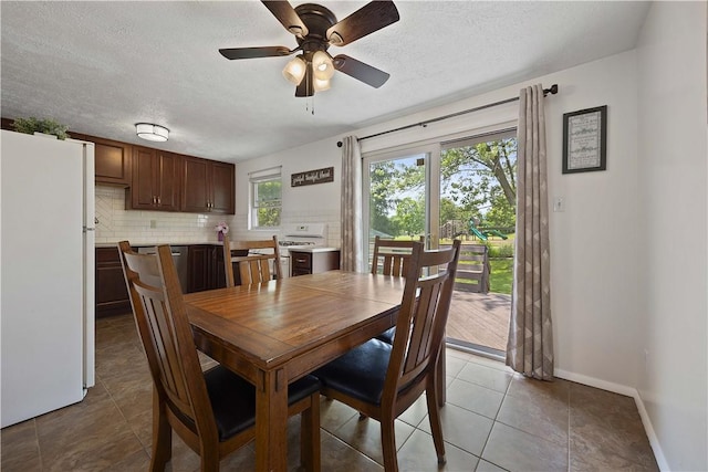 119 Summit Ridge Dr, Bridgeville, PA 15017 - dining space featuring ceiling fan, a textured ceiling, baseboards, and tile patterned flooring