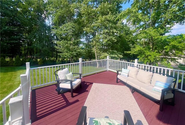 138 Willow Run Dr, Center Twp But, PA 16001 - deck with an outdoor living space, a yard, and view of wooded area