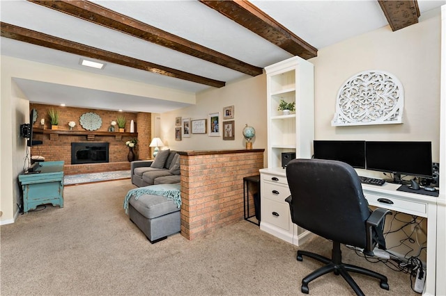 227 Shady Knoll Dr, Scott Twp Sal, PA 15220 - home office with light colored carpet, beamed ceiling, and a fireplace