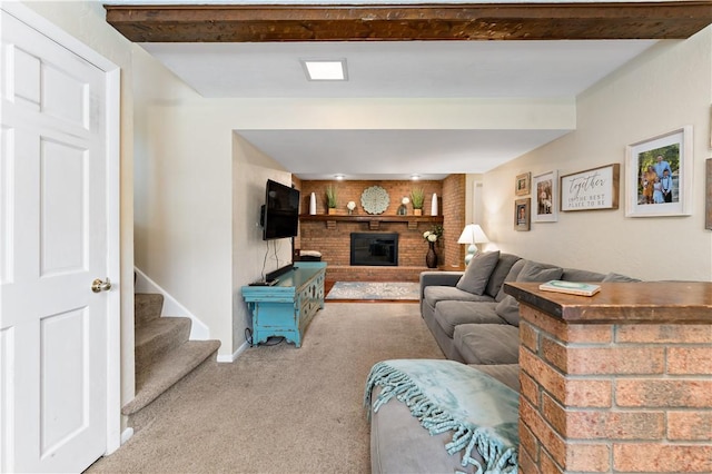 227 Shady Knoll Dr, Scott Twp Sal, PA 15220 - living area with carpet, a fireplace, baseboards, stairway, and beamed ceiling