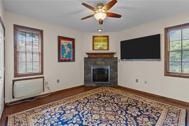 1623 Villanova, Morningside, PA 15206 - unfurnished living room with ceiling fan, wood finished floors, a fireplace, and baseboards