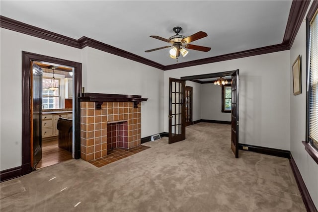 1623 Villanova, Morningside, PA 15206 - unfurnished living room with carpet floors, ornamental molding, baseboards, a fireplace, and ceiling fan