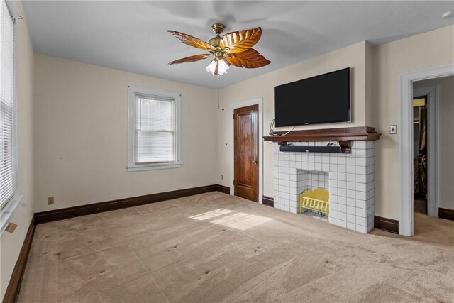1623 Villanova, Morningside, PA 15206 - unfurnished living room with carpet flooring, baseboards, a tile fireplace, and ceiling fan