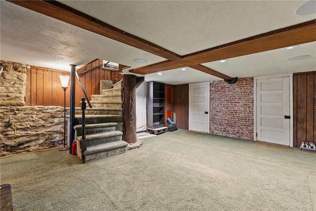 1623 Villanova, Morningside, PA 15206 - finished below grade area with carpet, a textured ceiling, stairs, and wood walls