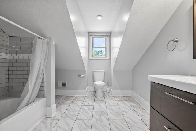 2532 Larkins Way S, Side, PA 15203 - full bath with toilet, vanity, shower / bathtub combination with curtain, marble look tiles, and baseboards